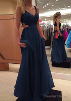 A-line/Princess V Neck Sleeveless Long/Floor-Length Chiffon Prom Dresses With Lace Beading