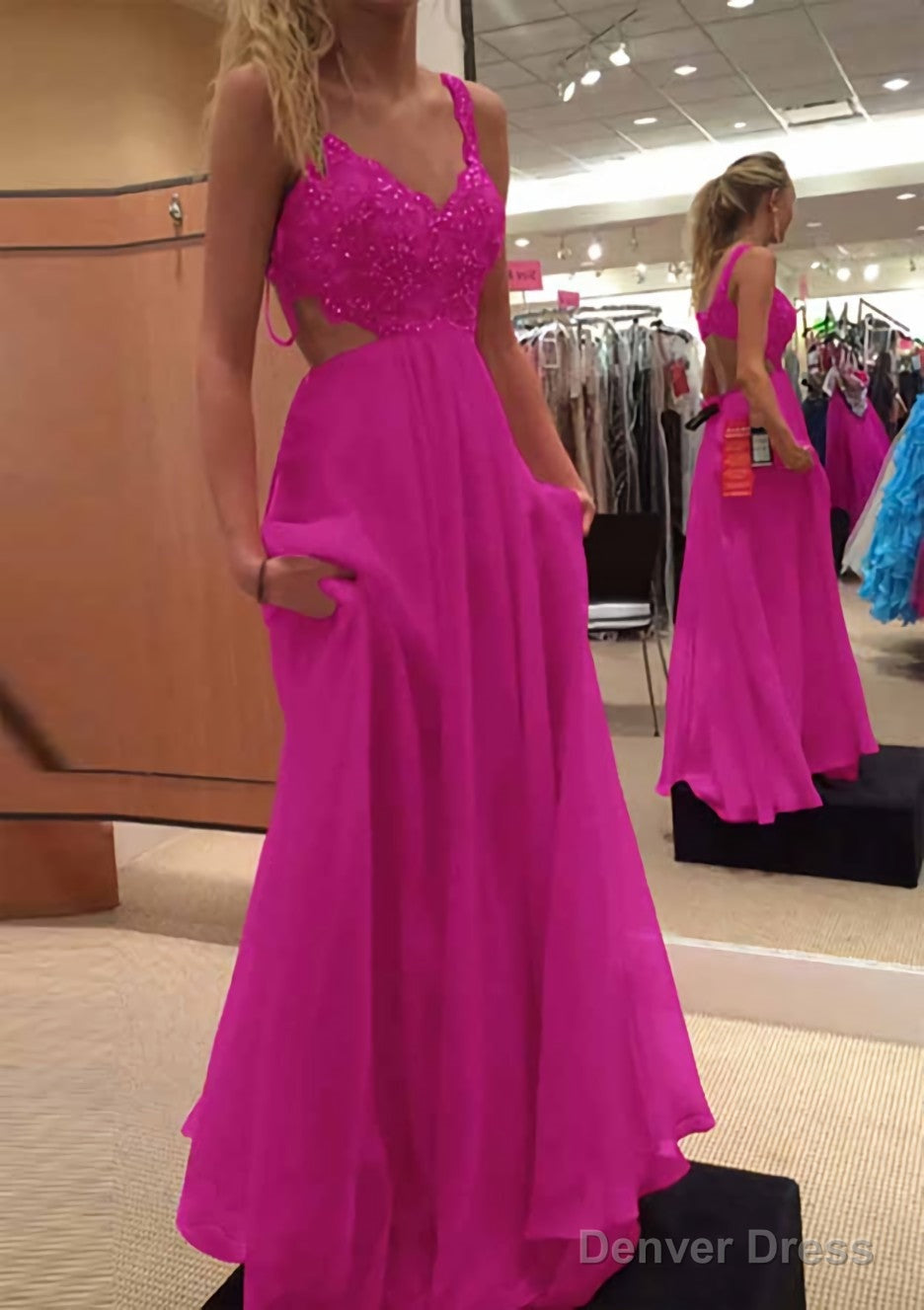 A Line V Neck Sleeveless Long Floor Length Chiffon Prom Dresses With Lace Beading
