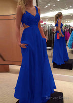 A Line V Neck Sleeveless Long Floor Length Chiffon Prom Dresses With Lace Beading