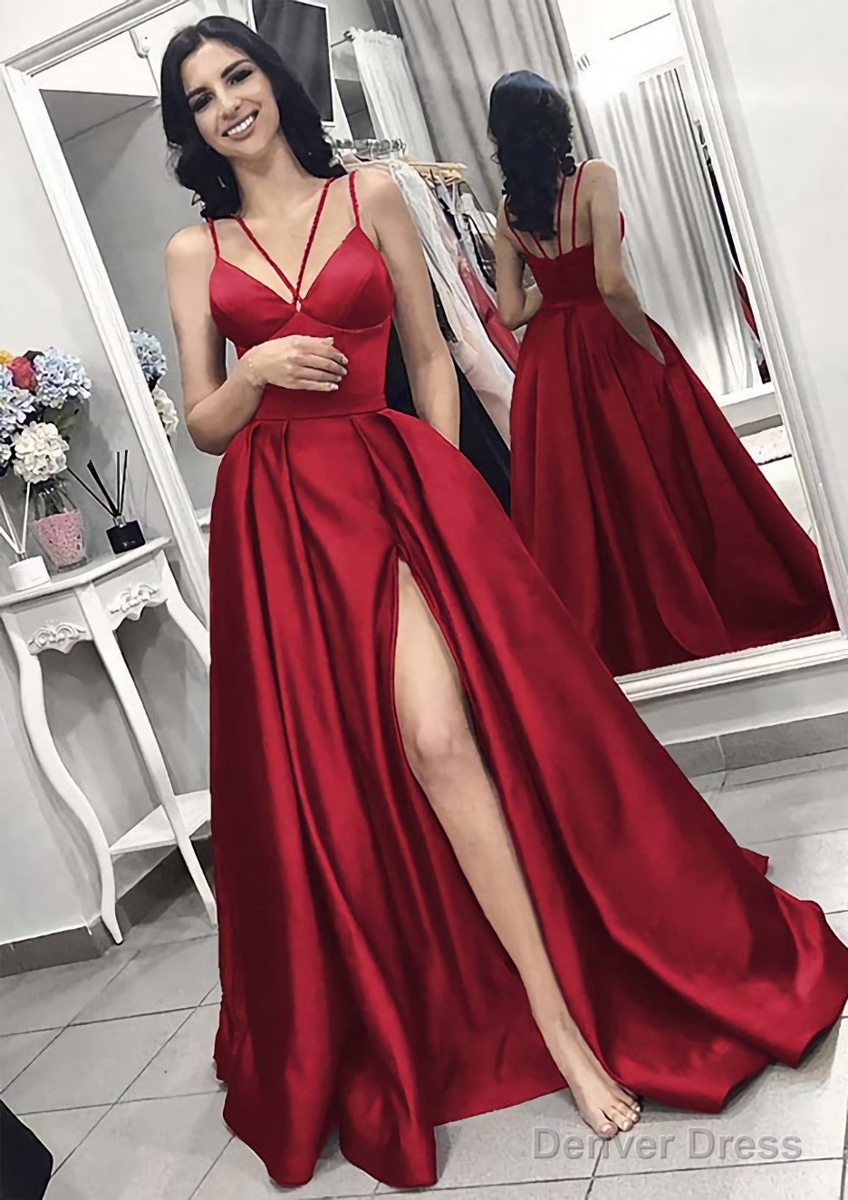 A Line V Neck Sleeveless Long Floor Length Elastic Satin Prom Dresses With Split Pleated