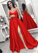 A Line V Neck Sleeveless Long Floor Length Elastic Satin Prom Dresses With Split Pleated
