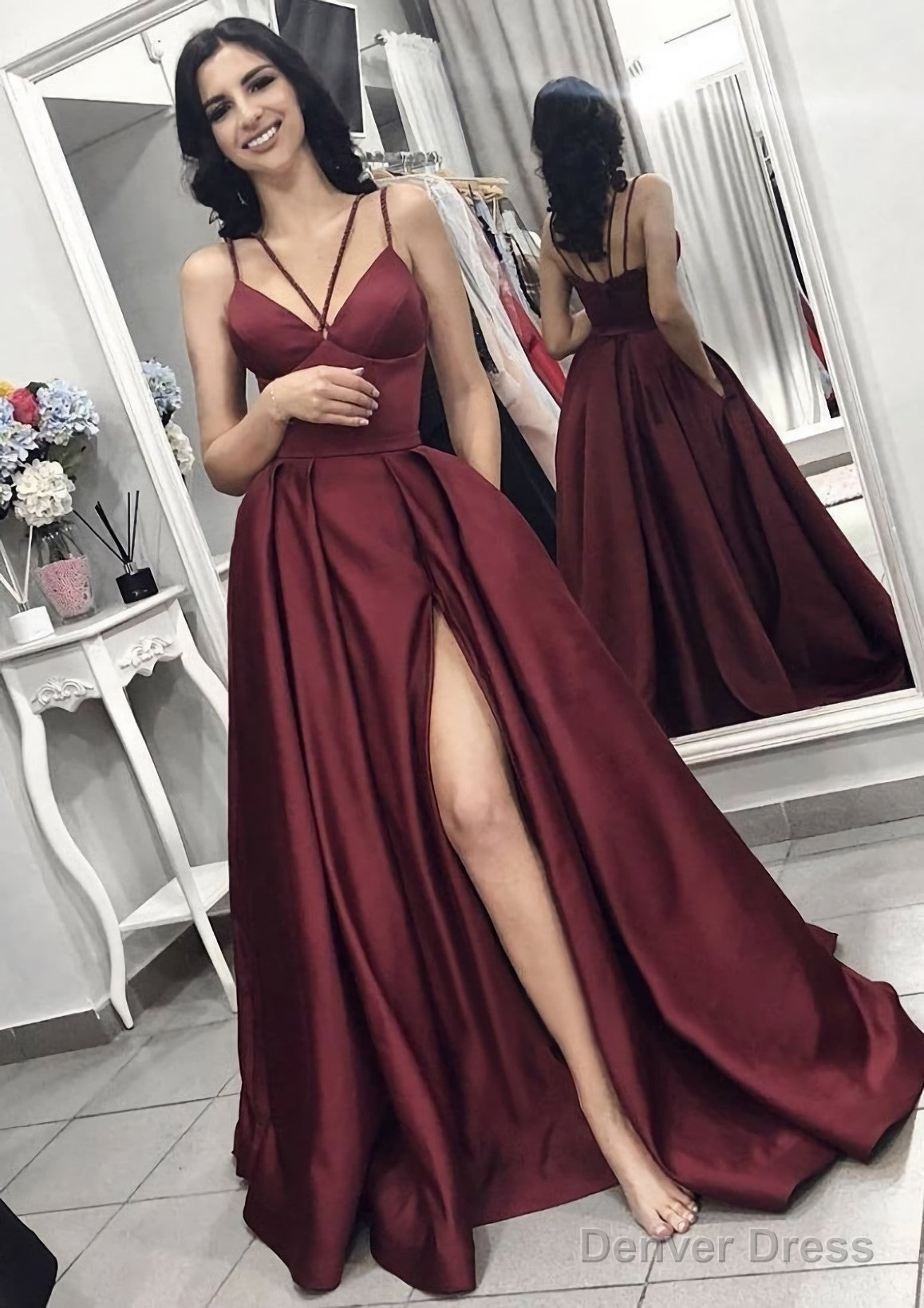 A Line V Neck Sleeveless Long Floor Length Elastic Satin Prom Dresses With Split Pleated