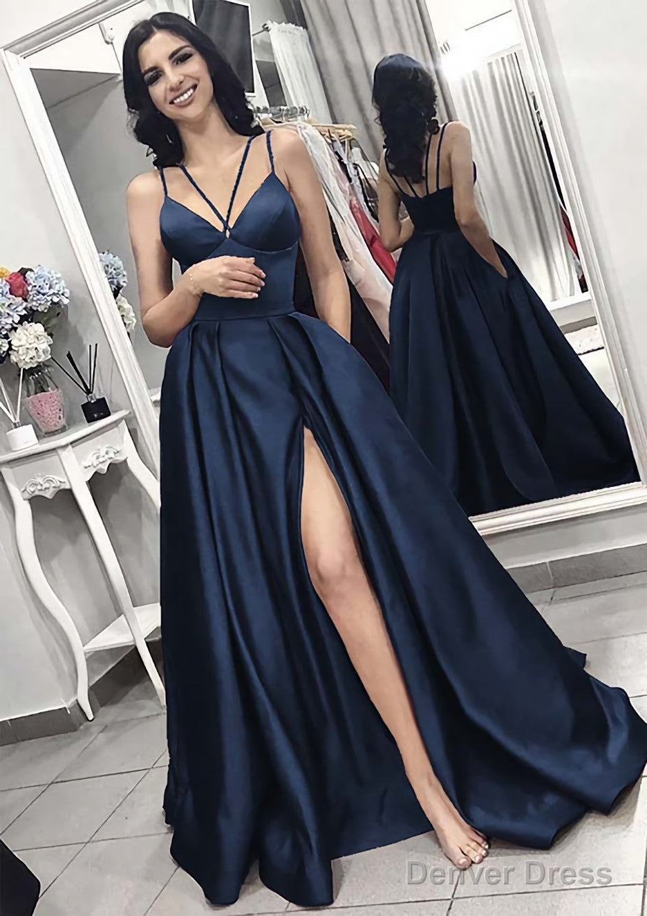 A Line V Neck Sleeveless Long Floor Length Elastic Satin Prom Dresses With Split Pleated Secondary image