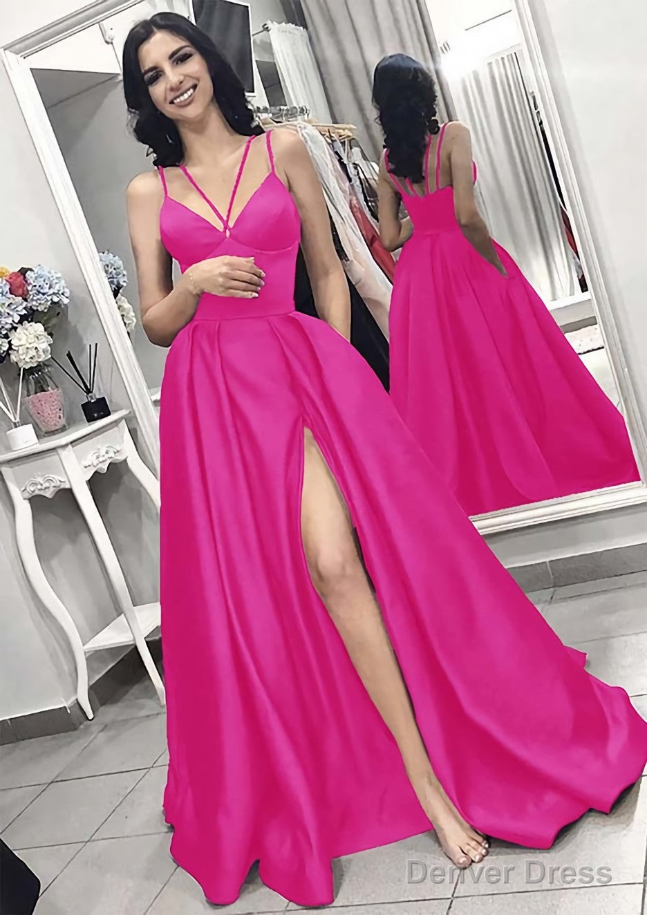 A Line V Neck Sleeveless Long Floor Length Elastic Satin Prom Dresses With Split Pleated