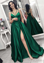 A Line V Neck Sleeveless Long Floor Length Elastic Satin Prom Dresses With Split Pleated