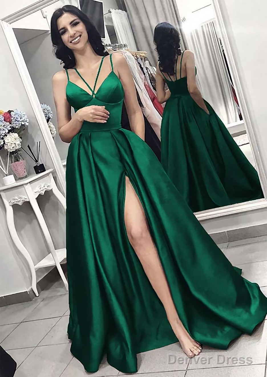 A Line V Neck Sleeveless Long Floor Length Elastic Satin Prom Dresses With Split Pleated