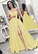 A Line V Neck Sleeveless Long Floor Length Elastic Satin Prom Dresses With Split Pleated