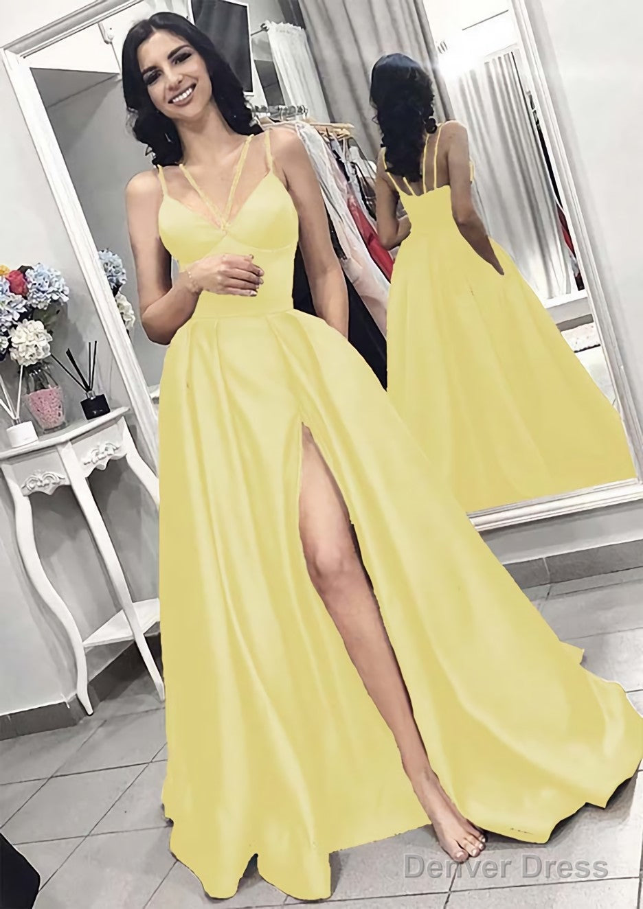 A Line V Neck Sleeveless Long Floor Length Elastic Satin Prom Dresses With Split Pleated