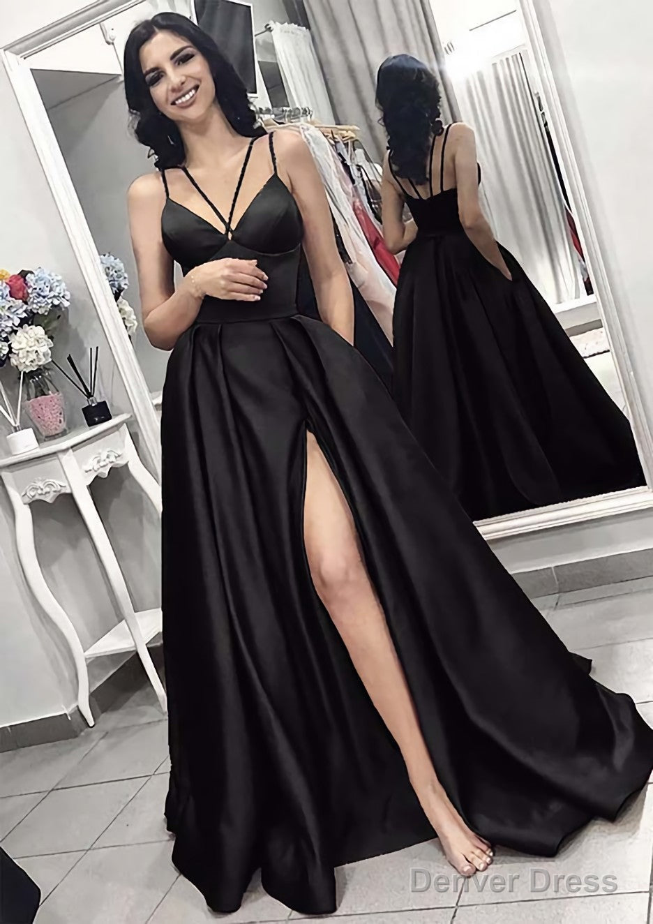 A Line V Neck Sleeveless Long Floor Length Elastic Satin Prom Dresses With Split Pleated