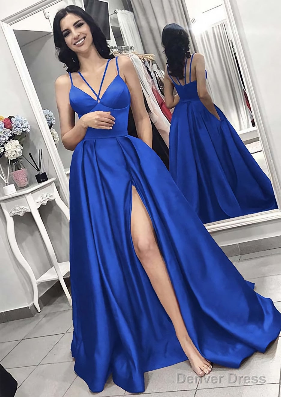 A Line V Neck Sleeveless Long Floor Length Elastic Satin Prom Dresses With Split Pleated