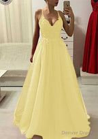 A-line/Princess V Neck Sleeveless Long/Floor-Length Prom Dresses With Appliqued Beading
