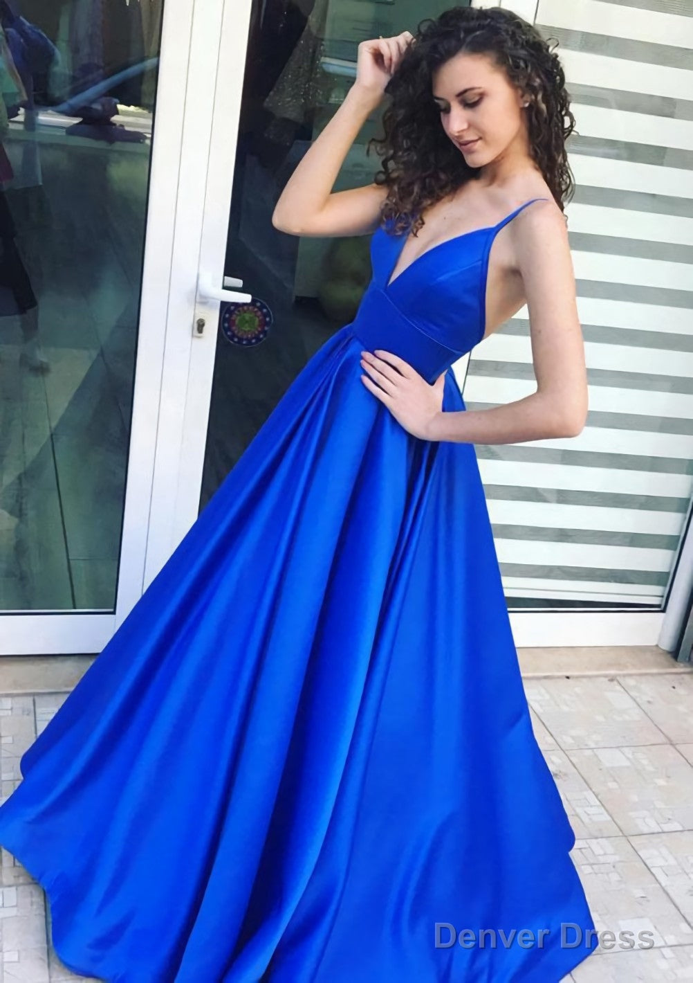 A Line V Neck Sleeveless Long Floor Length Satin Prom Dresses