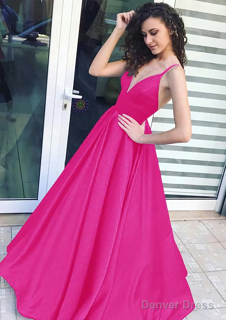 A Line V Neck Sleeveless Long Floor Length Satin Prom Dresses