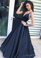 A Line V Neck Sleeveless Long Floor Length Satin Prom Dresses
