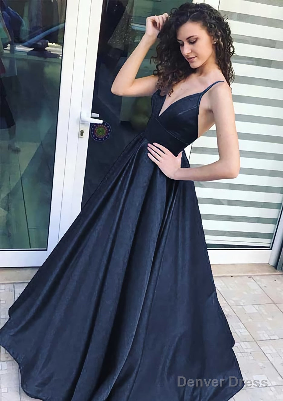 A Line V Neck Sleeveless Long Floor Length Satin Prom Dresses