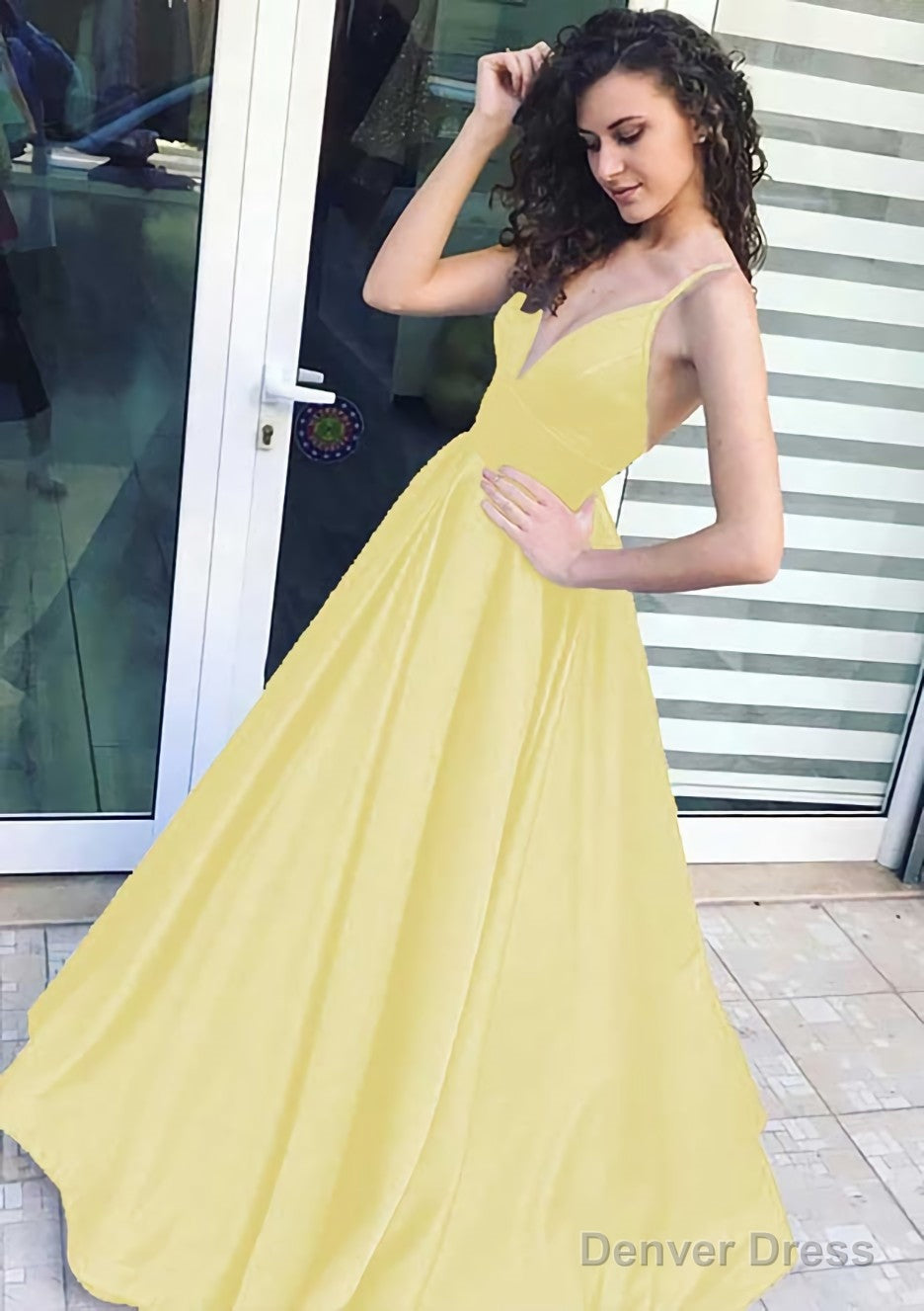 A Line V Neck Sleeveless Long Floor Length Satin Prom Dresses