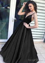 A Line V Neck Sleeveless Long Floor Length Satin Prom Dresses