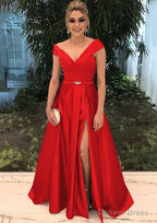 A Line V Neck Sleeveless Long Floor Length Satin Prom Dresses With Split Beading