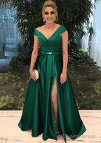 A Line V Neck Sleeveless Long Floor Length Satin Prom Dresses With Split Beading
