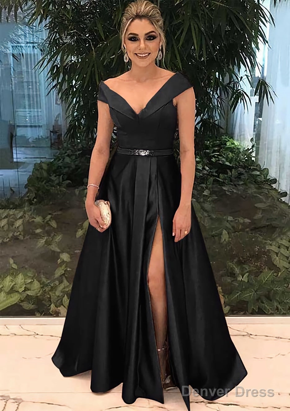 A Line V Neck Sleeveless Long Floor Length Satin Prom Dresses With Split Beading