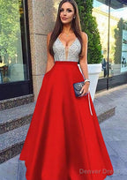 A Line V Neck Sleeveless Long Floor Length Satin Prom Dresses With Sequins