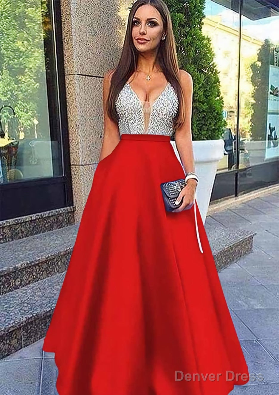 A Line V Neck Sleeveless Long Floor Length Satin Prom Dresses With Sequins