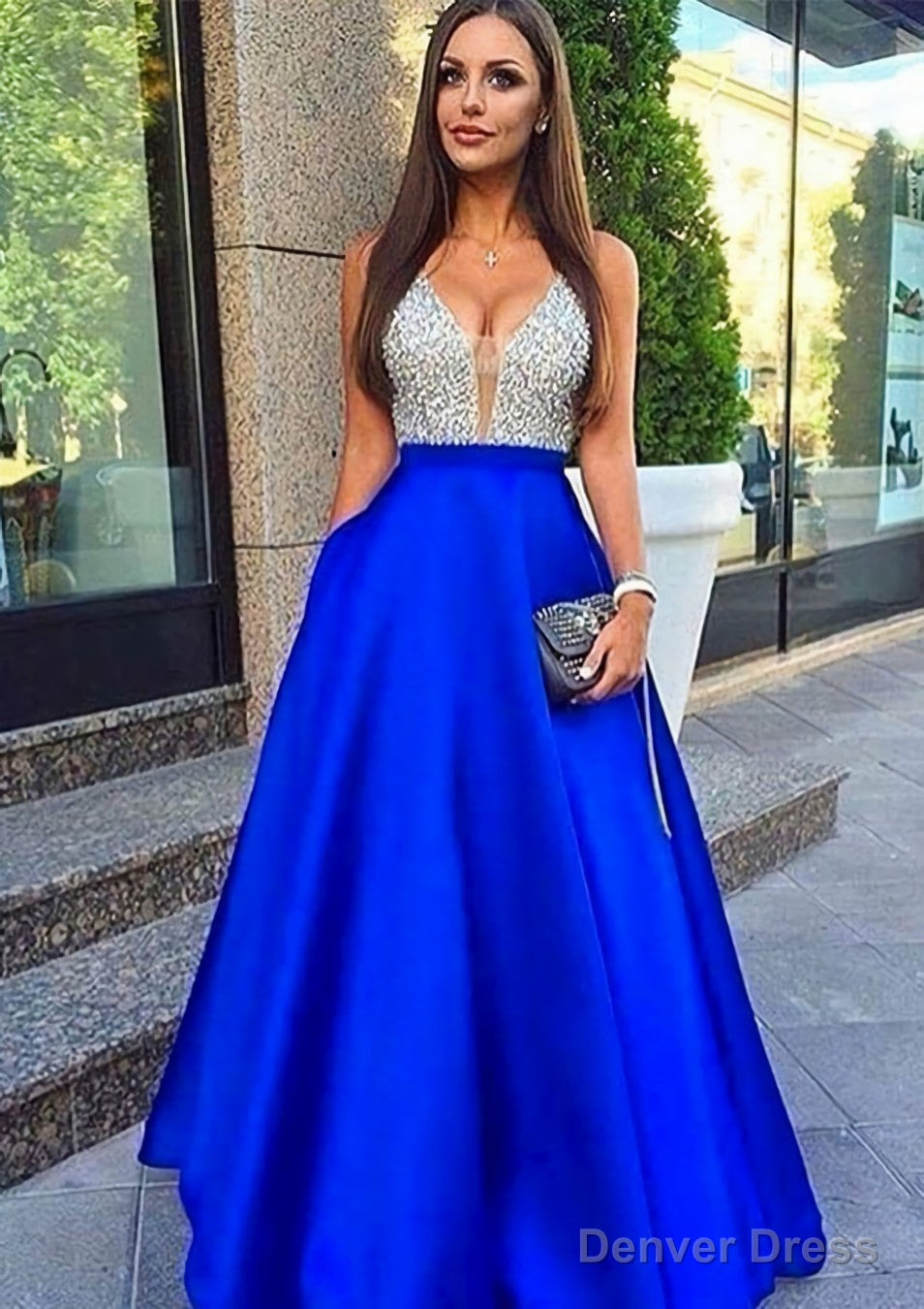 A Line V Neck Sleeveless Long Floor Length Satin Prom Dresses With Sequins Main image
