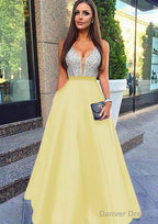 A Line V Neck Sleeveless Long Floor Length Satin Prom Dresses With Sequins