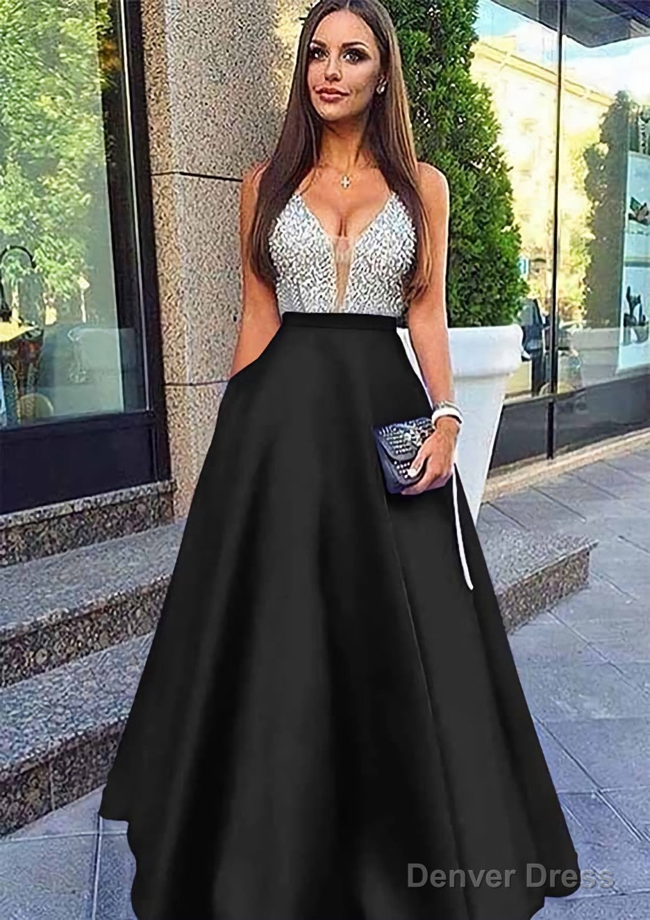 A Line V Neck Sleeveless Long Floor Length Satin Prom Dresses With Sequins