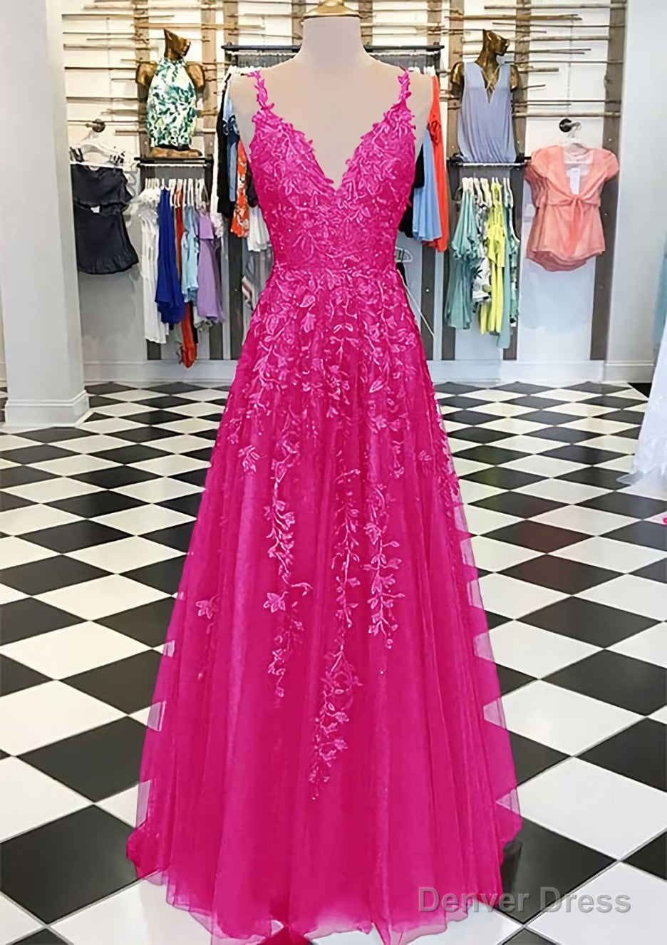 A Line V Neck Sleeveless Long Floor Length Tulle Prom Dresses With Appliqued