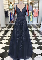 A Line V Neck Sleeveless Long Floor Length Tulle Prom Dresses With Appliqued