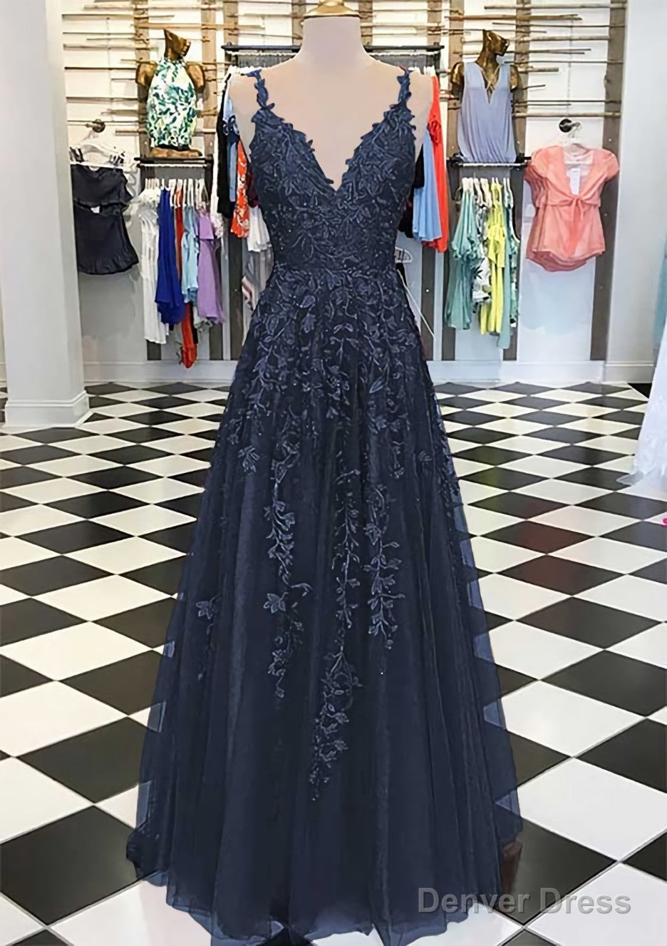 A Line V Neck Sleeveless Long Floor Length Tulle Prom Dresses With Appliqued