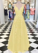A-line/Princess V Neck Sleeveless Long/Floor-Length Tulle Prom Dresses With Appliqued