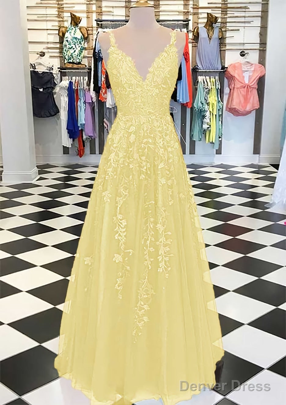 A-line/Princess V Neck Sleeveless Long/Floor-Length Tulle Prom Dresses With Appliqued