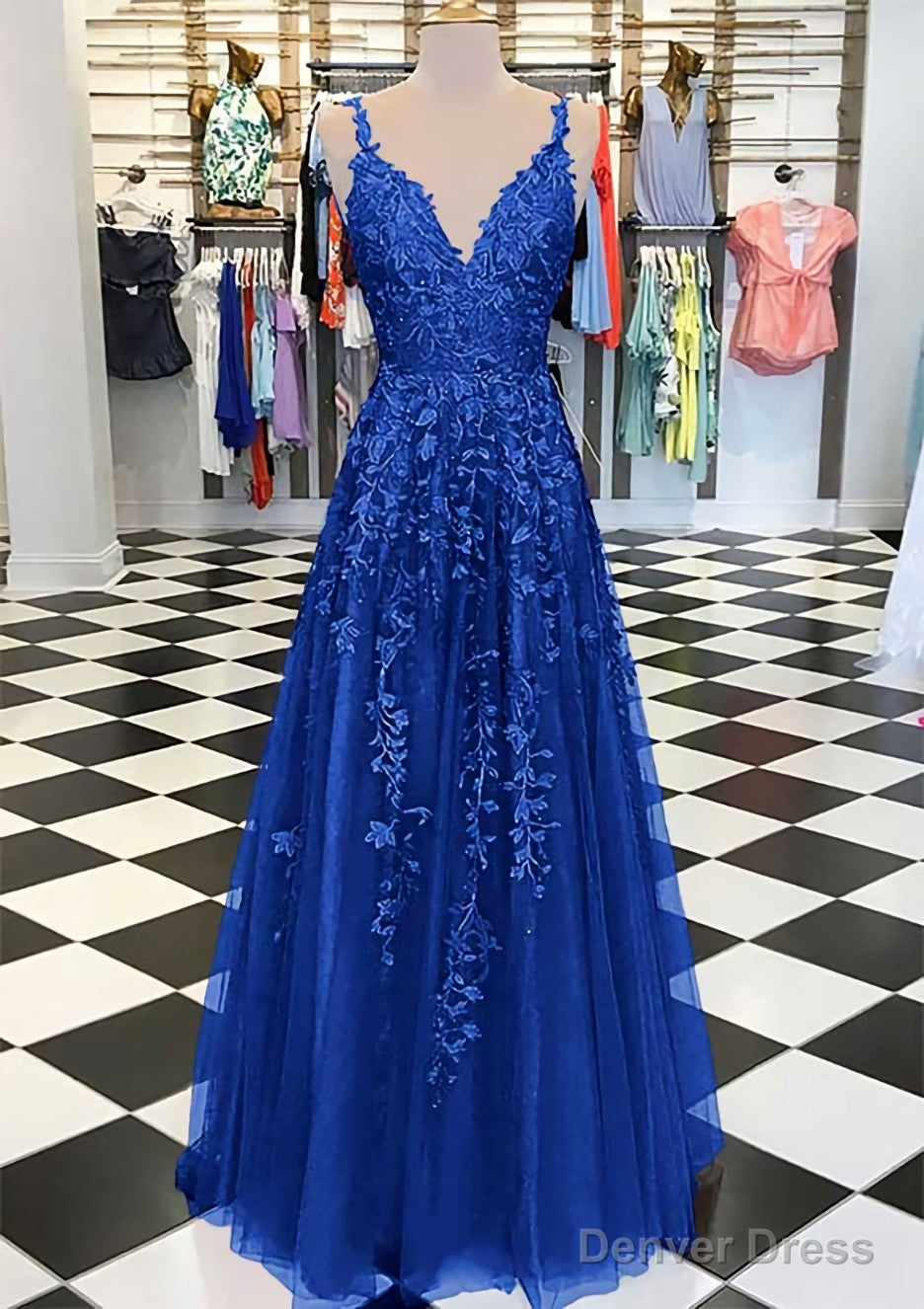 A-line/Princess V Neck Sleeveless Long/Floor-Length Tulle Prom Dresses With Appliqued