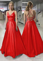 A Line V Neck Sleeveless Satin Long Floor Length Prom Dresses