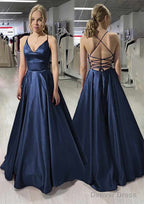 A-line/Princess V Neck Sleeveless Satin Long/Floor-Length Prom Dresses