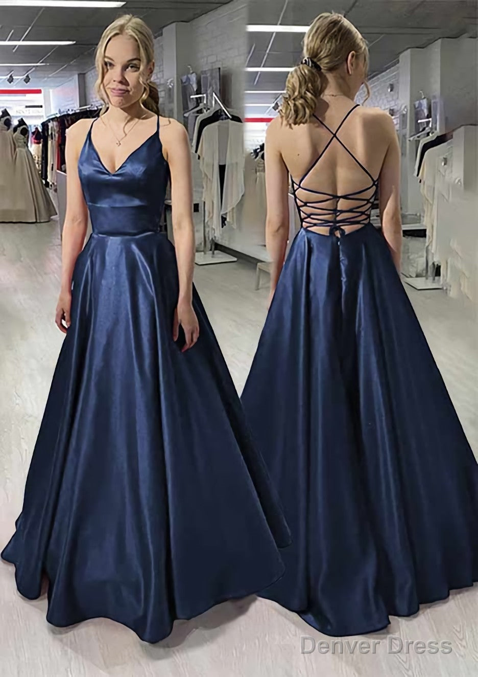 A-line/Princess V Neck Sleeveless Satin Long/Floor-Length Prom Dresses