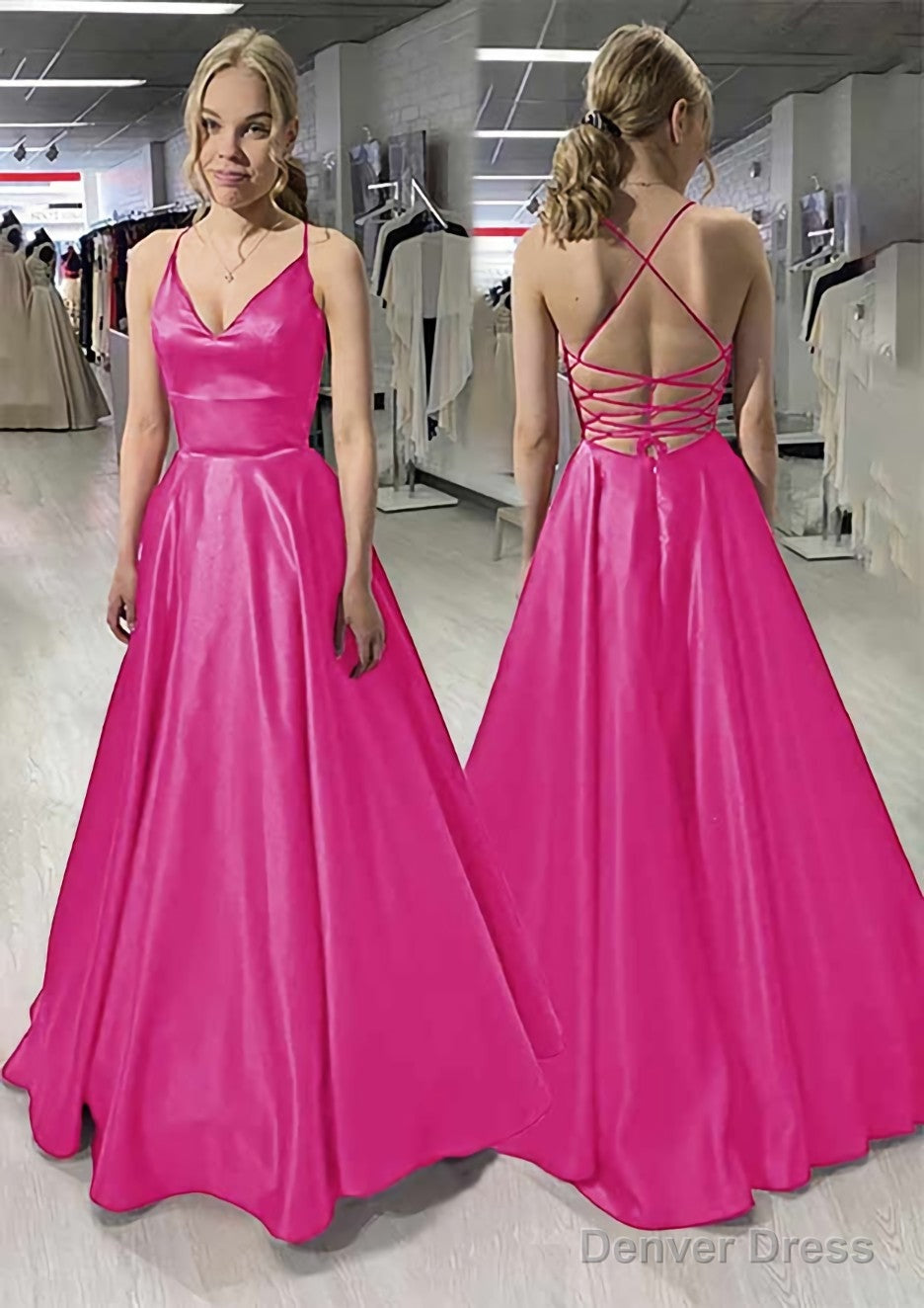 A Line V Neck Sleeveless Satin Long Floor Length Prom Dresses