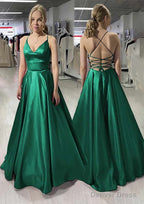 A-line/Princess V Neck Sleeveless Satin Long/Floor-Length Prom Dresses