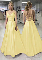 A Line V Neck Sleeveless Satin Long Floor Length Prom Dresses