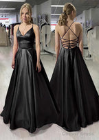 A Line V Neck Sleeveless Satin Long Floor Length Prom Dresses