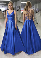 A-line/Princess V Neck Sleeveless Satin Long/Floor-Length Prom Dresses