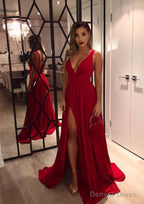 A Line V Neck Sleeveless Sweep Train Charmeuse Prom Dresses