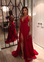 A Line V Neck Sleeveless Sweep Train Charmeuse Prom Dresses