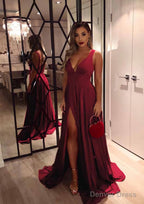 A Line V Neck Sleeveless Sweep Train Charmeuse Prom Dresses