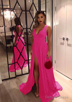 A Line V Neck Sleeveless Sweep Train Charmeuse Prom Dresses