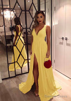 A Line V Neck Sleeveless Sweep Train Charmeuse Prom Dresses