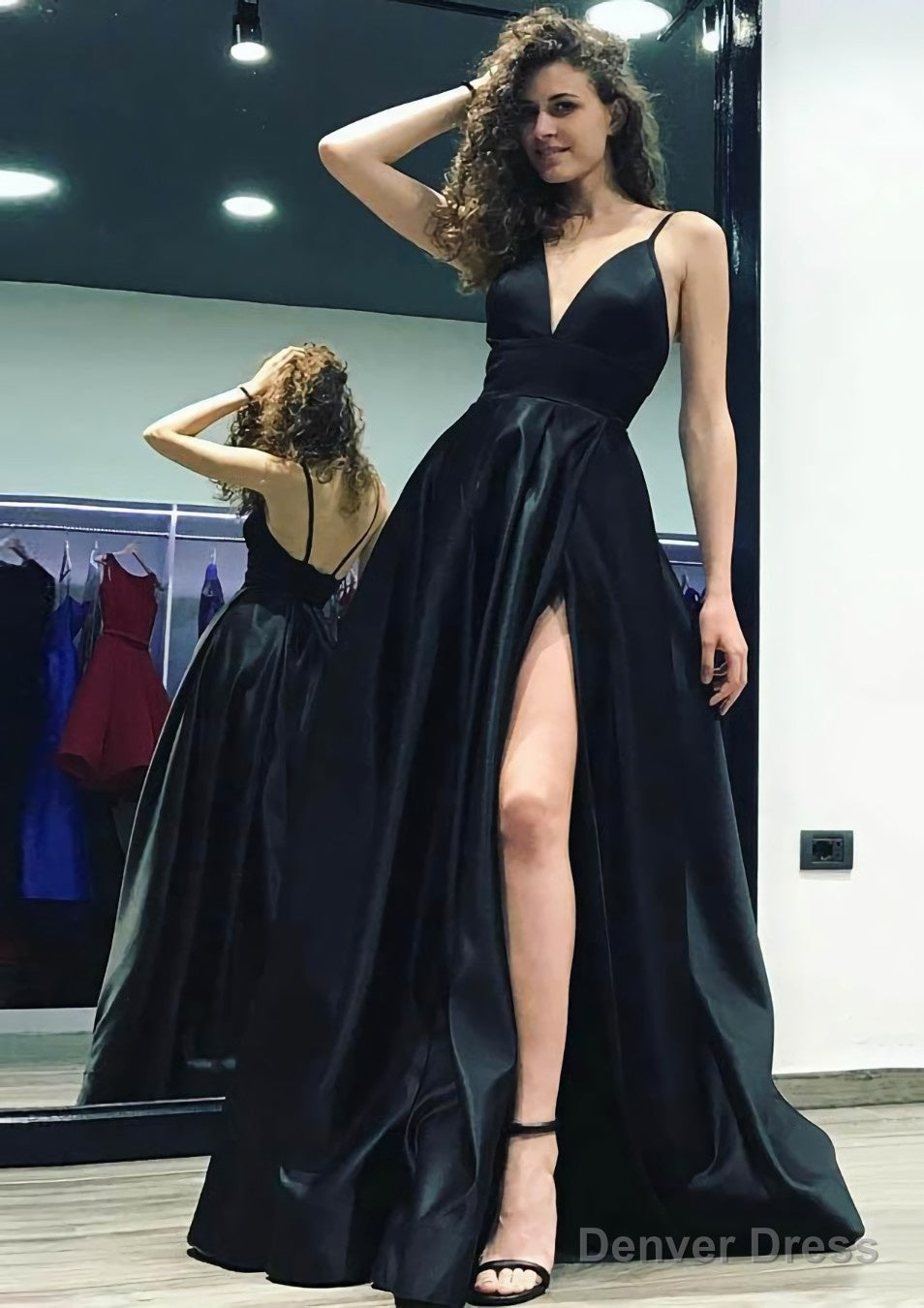 A Line V Neck Sleeveless Sweep Train Satin Prom Dresses With Split Main image