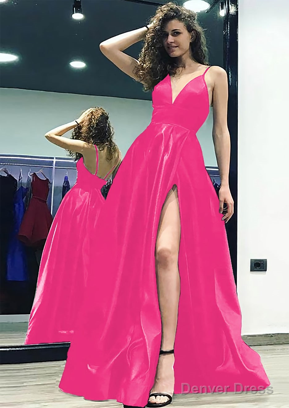 A Line V Neck Sleeveless Sweep Train Satin Prom Dresses With Split